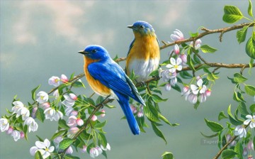 動物 Painting - 花を持つ青い鳥 鳥